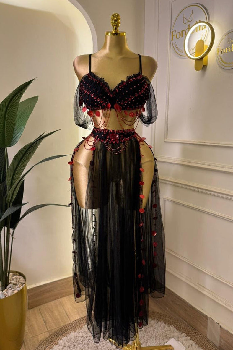 Handmade Rubis Passion Noir et Rouge (2 Pièces) : Tenue de Danse Orientale