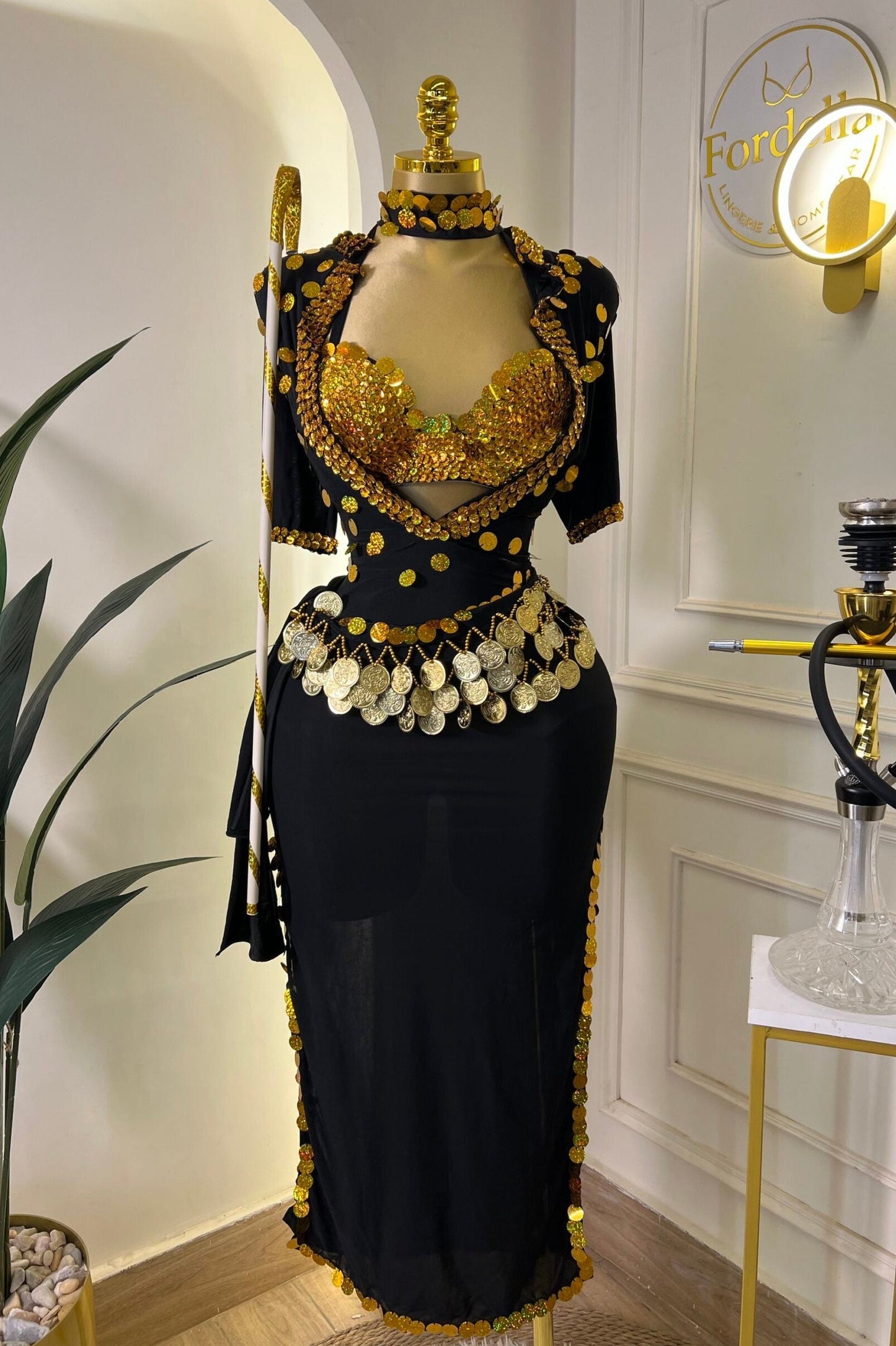 Cléopâtre Noire et Or (3 Pièces) : Tenue de Danse Orientale