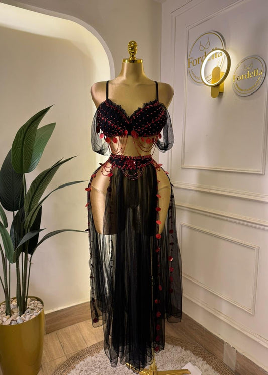 Rubis Passion Noir et Rouge (2 Pièces) : Tenue de Danse Orientale