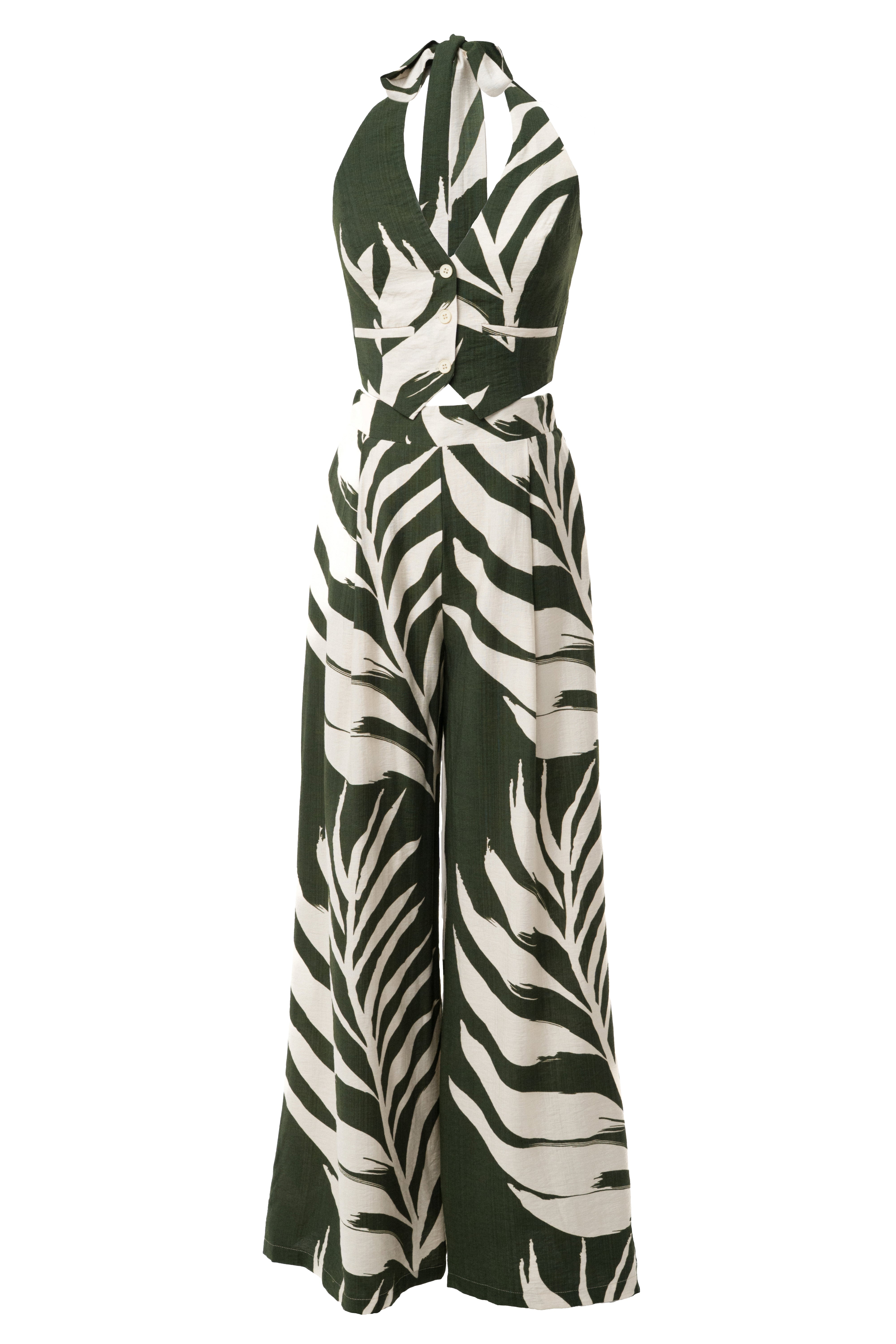 « Songe Tropical » — Ensemble Pantalon Large Imprimé Palmier, Vert Olive