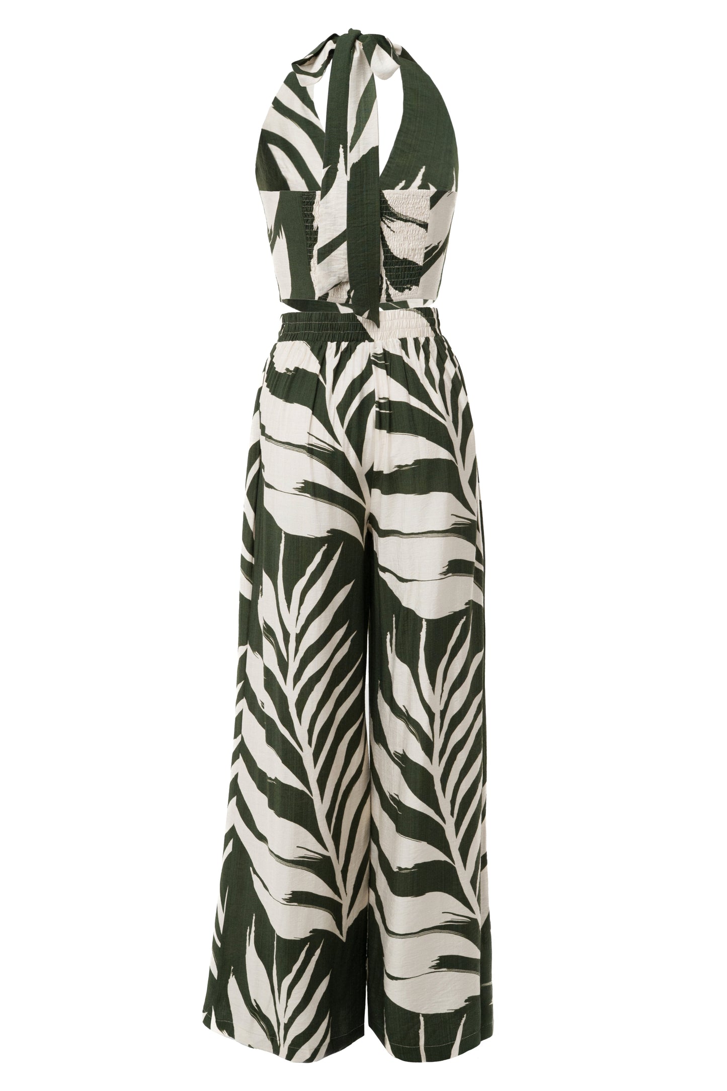 « Songe Tropical » — Ensemble Pantalon Large Imprimé Palmier, Vert Olive