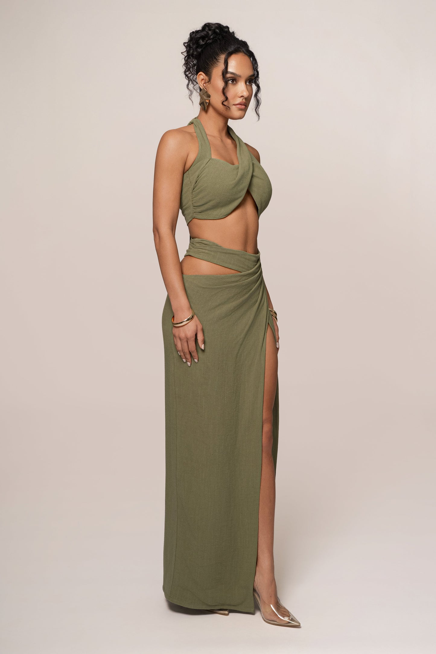 « Ère Nouvelle » — Ensemble Jupe Longue Fendue, Vert Olive