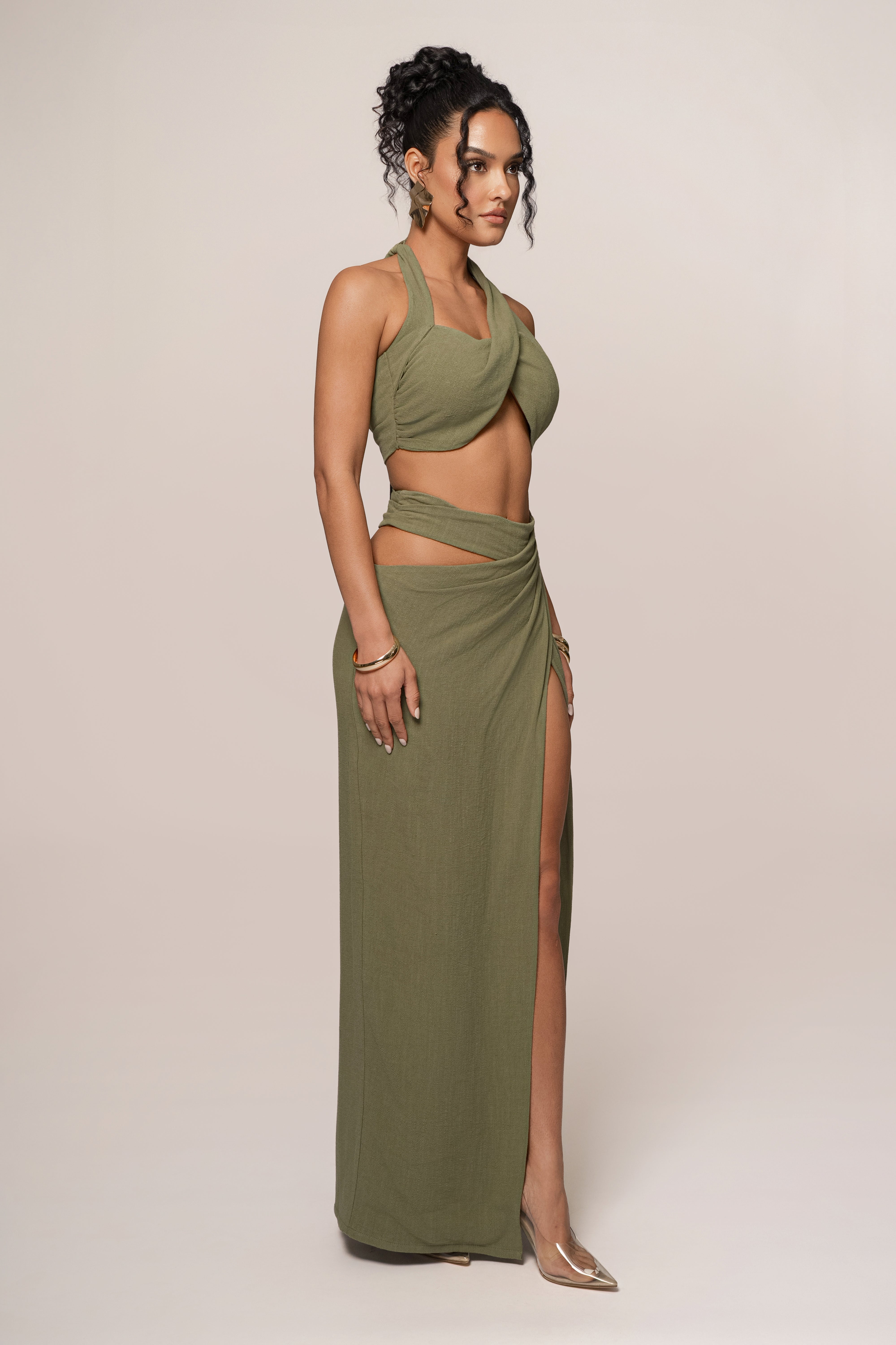 « Ère Nouvelle » — Ensemble Jupe Longue Fendue, Vert Olive