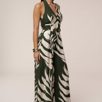 « Songe Tropical » — Ensemble Pantalon Large Imprimé Palmier, Vert Olive