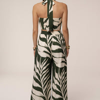 « Songe Tropical » — Ensemble Pantalon Large Imprimé Palmier, Vert Olive