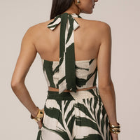 « Songe Tropical » — Ensemble Pantalon Large Imprimé Palmier, Vert Olive