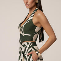 « Songe Tropical » — Ensemble Pantalon Large Imprimé Palmier, Vert Olive