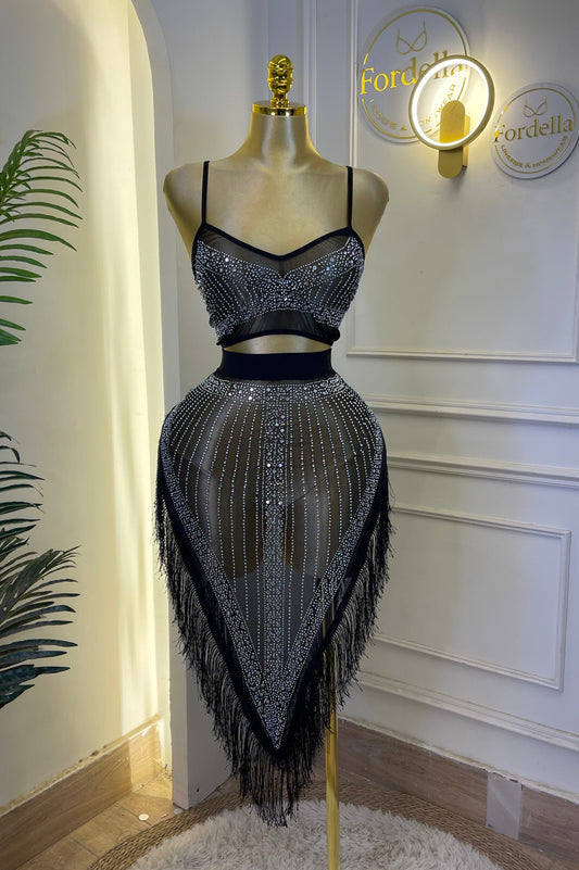 Diamant Frangé Noir (2 Pièces) : Tenue Danse et Lingerie Sexy